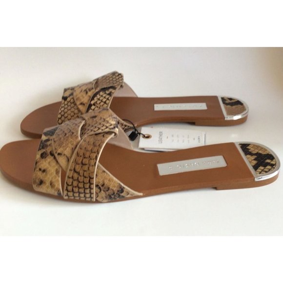 NEW ZARA Basic Collection Snakeskin Embossed Leather Slides - Picture 7 of 11